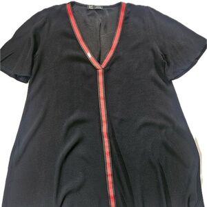 Zara TRF Shirt Womens Small Black V Neck Tunic Top Red Stripe Trim Casual